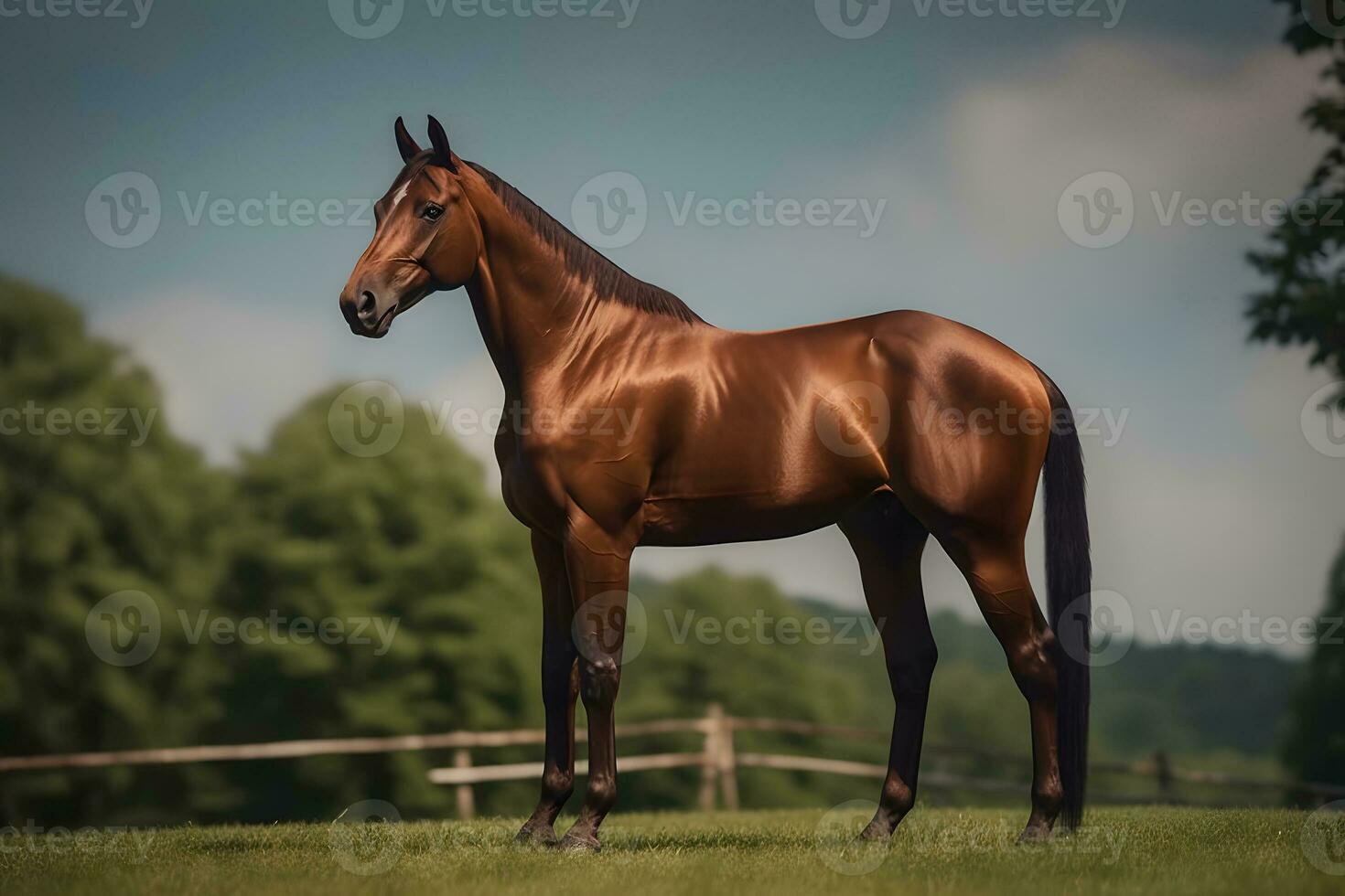 Bay horse run gallop on desert sand against blue sky. Neural network AI generated photo