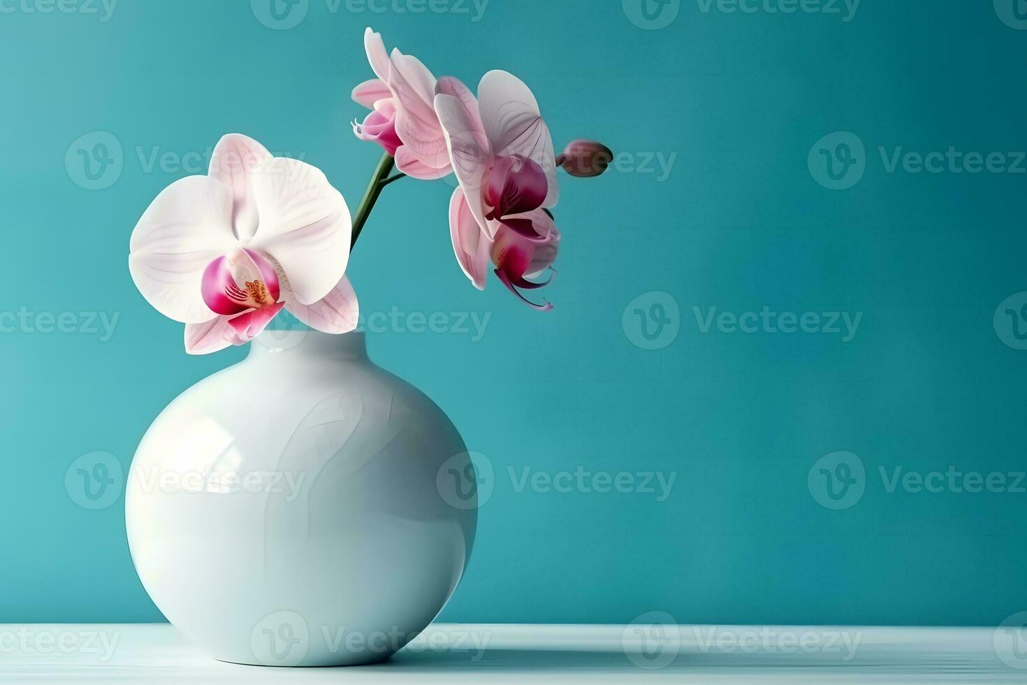 Orchid flower in a round vase. Neural network AI generated photo
