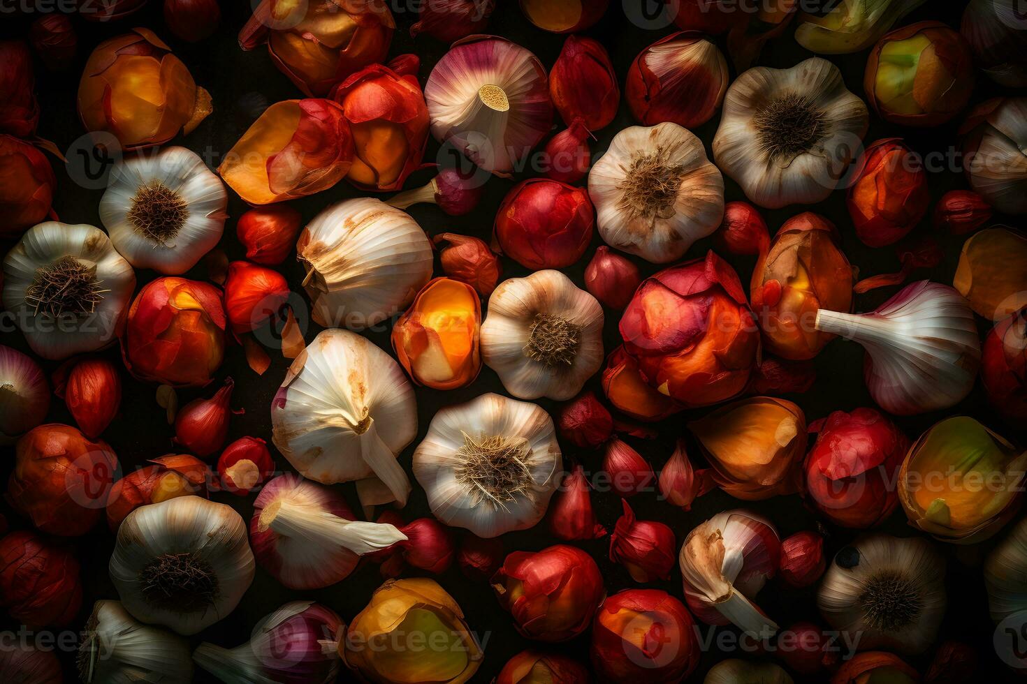 Lots of garlic abstract background. Neural network AI generated photo