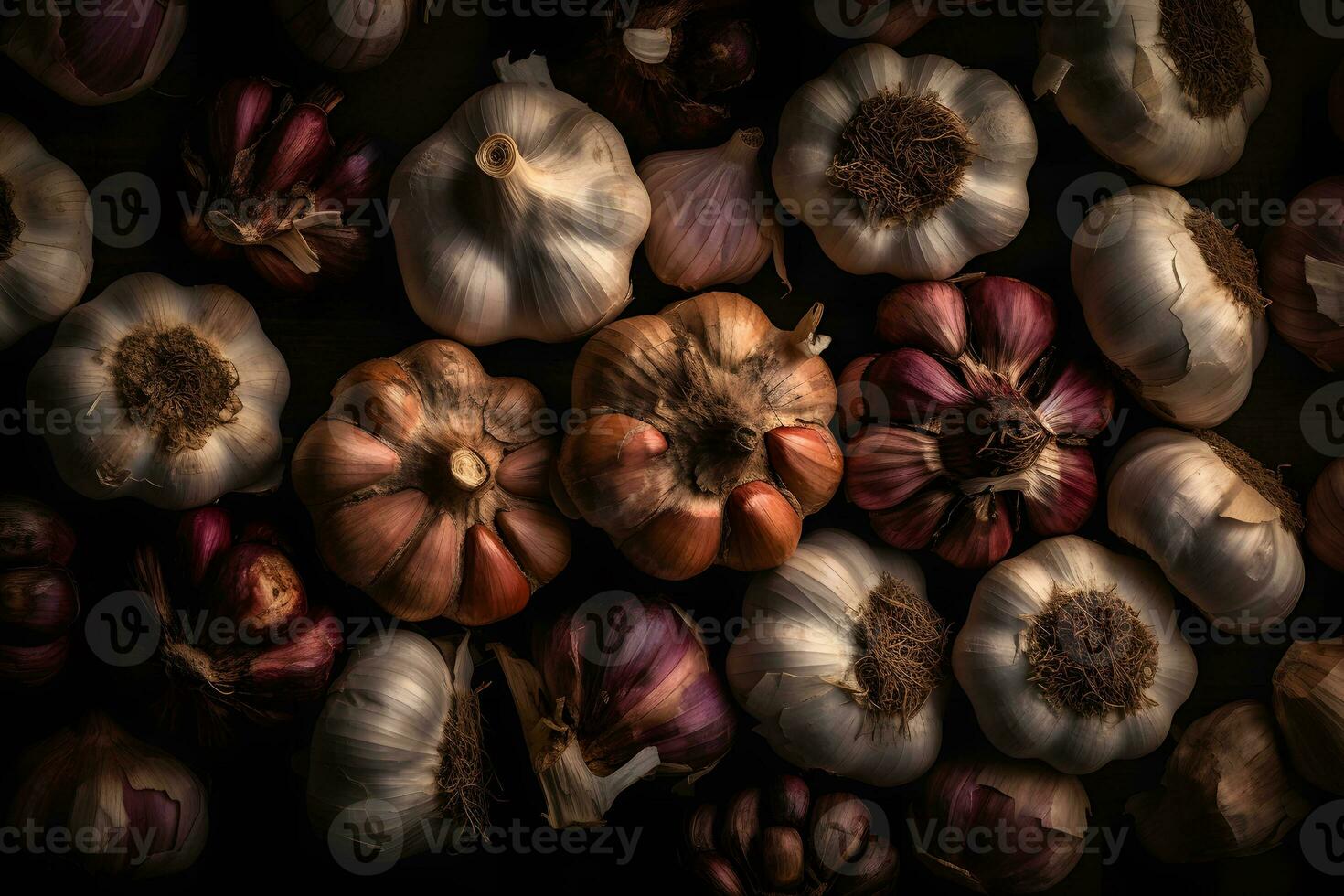 Lots of garlic abstract background. Neural network AI generated photo