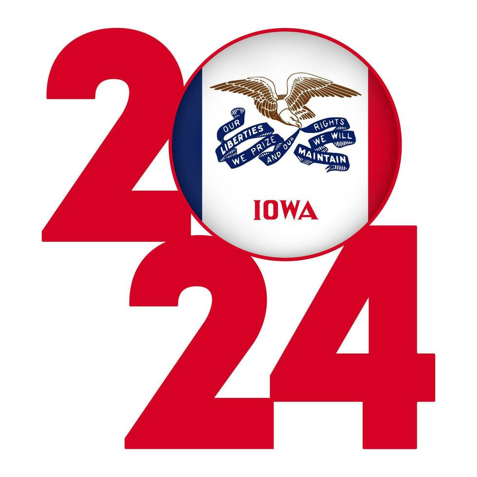 2024 banner with Iowa state flag inside. Vector illustration.