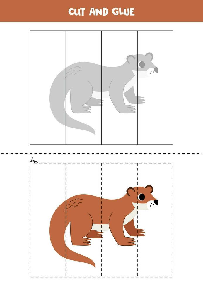 Cut and glue game for kids. Cute cartoon brown otter. vector