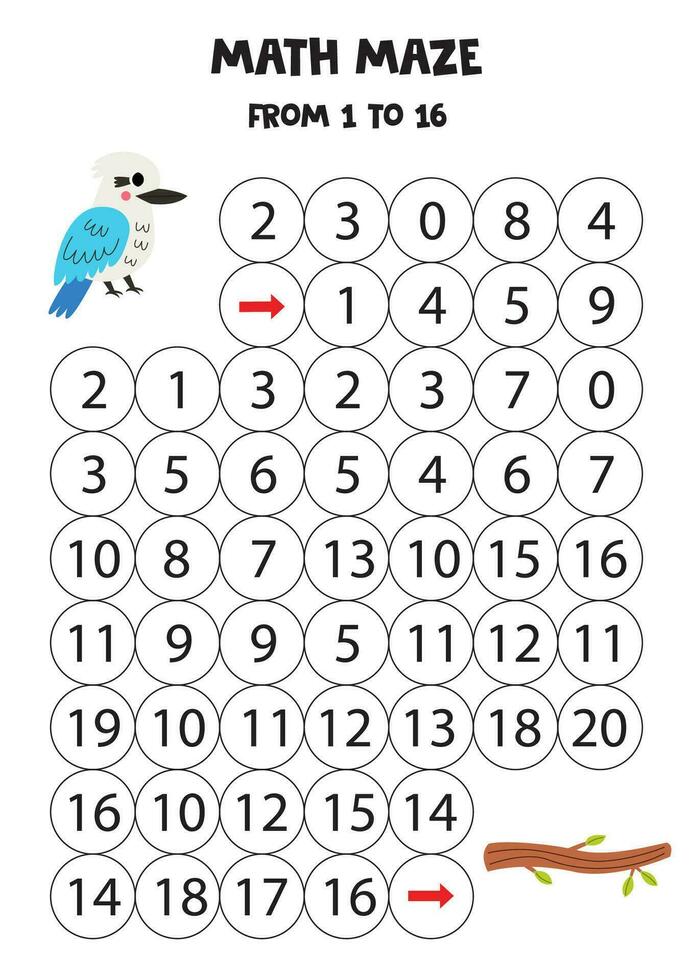 Get cute kookaburra to the tree branch by counting to 16. vector