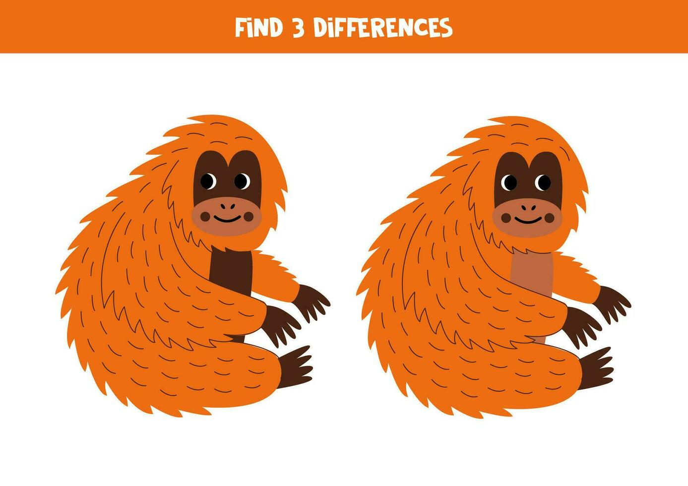 Find 3 differences between two cute cartoon orangutans. vector