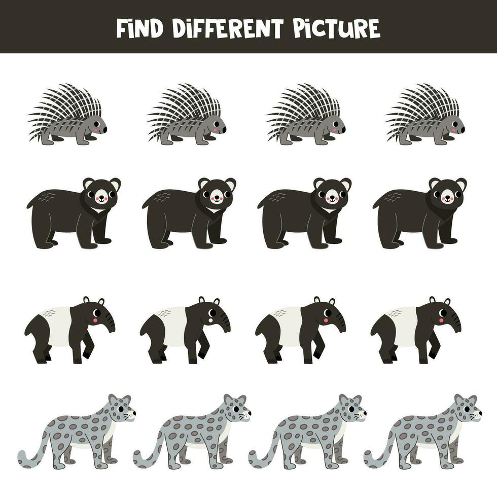 encontrar diferente asiático animal en cada fila. lógico juego para preescolar niños. vector