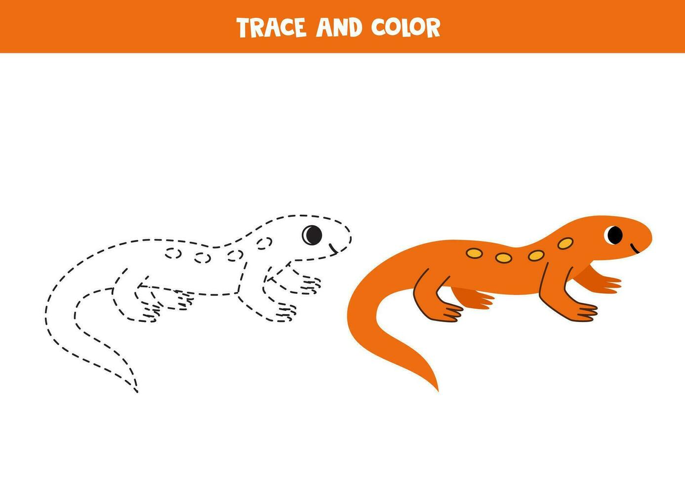 Trace and color cute cartoon newt. Worksheet for kids. vector