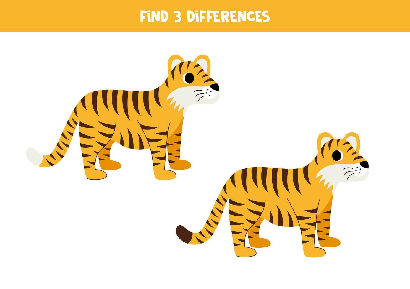 Find 3 differences between two cute cartoon tigers. vector