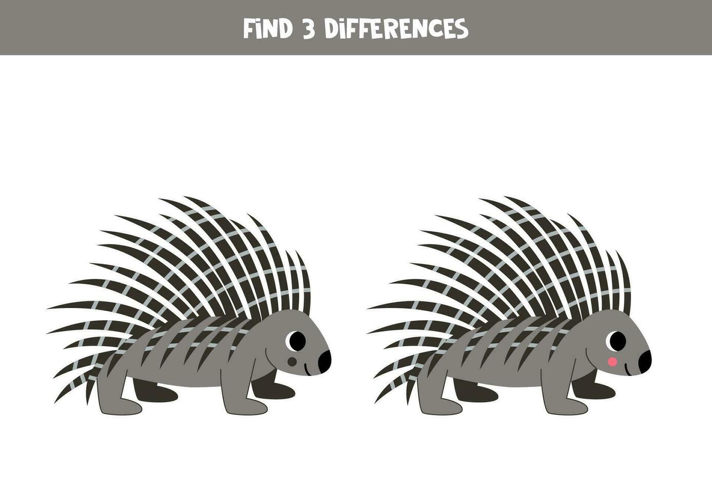 Find 3 differences between two cute cartoon porcupines. vector