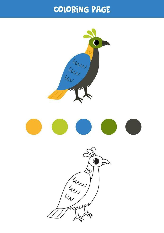 Color cute cartoon monal bird. Worksheet for kids. vector