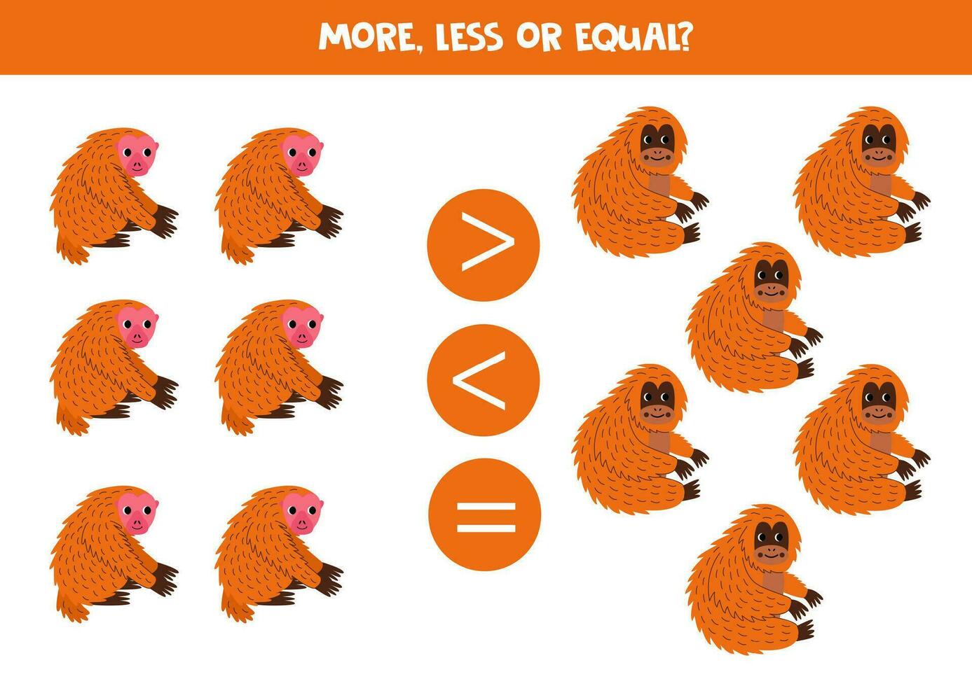 Grater, less or equal with cartoon orangutans and uakaris. vector