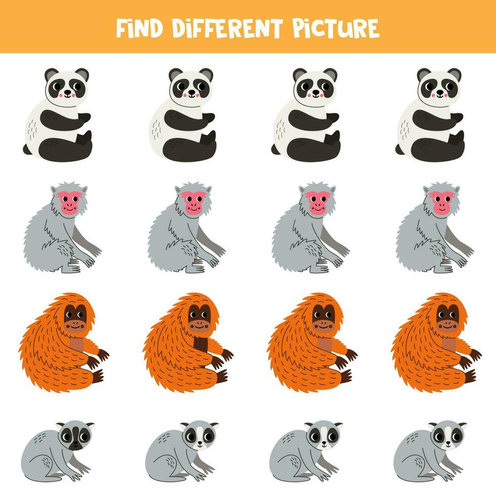 encontrar diferente asiático animal en cada fila. lógico juego para preescolar niños. vector