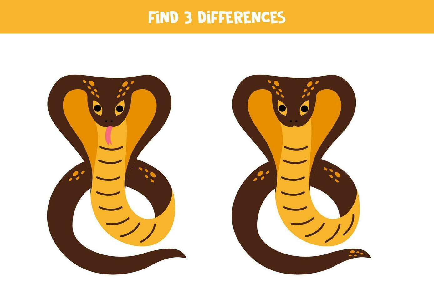 Find 3 differences between two cute cartoon cobras. vector