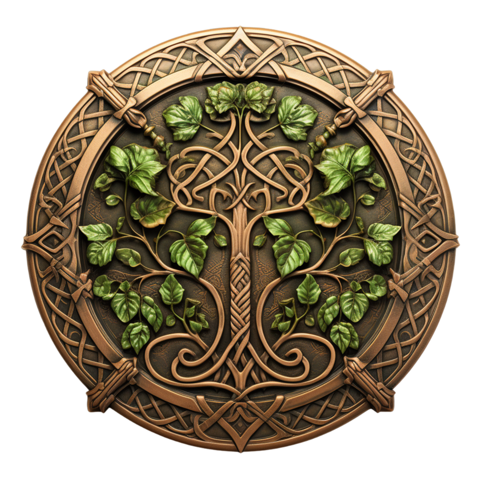 Celtic tree of life and death symbol in vivid emerald colors on dark Ai Generative png