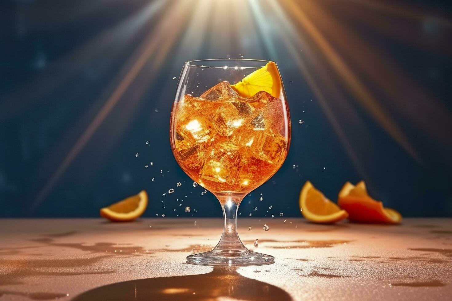 Aperol spritz summer drink in glass with shadows, tropical background. Generative AI photo