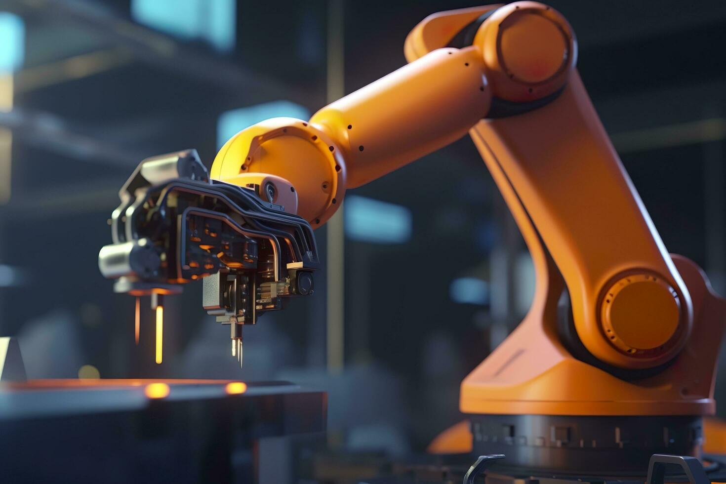 Arm robot working with Screen monitor control industrial machine robot arm line. Generative AI photo