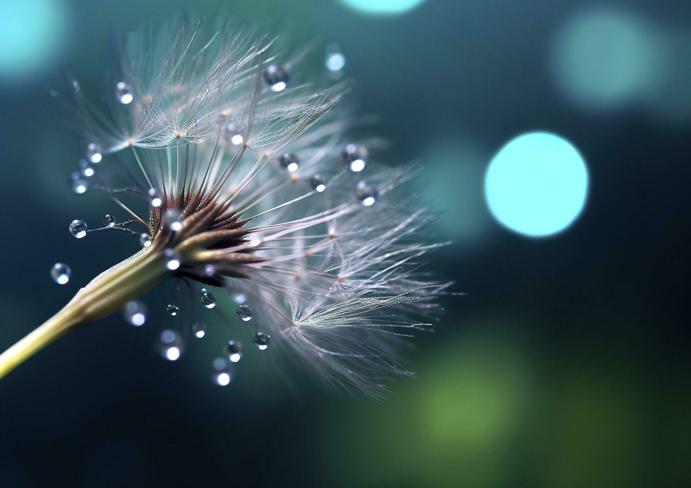 Beautiful dew drops on a dandelion seed macro. Beautiful blue background. Generative AI photo