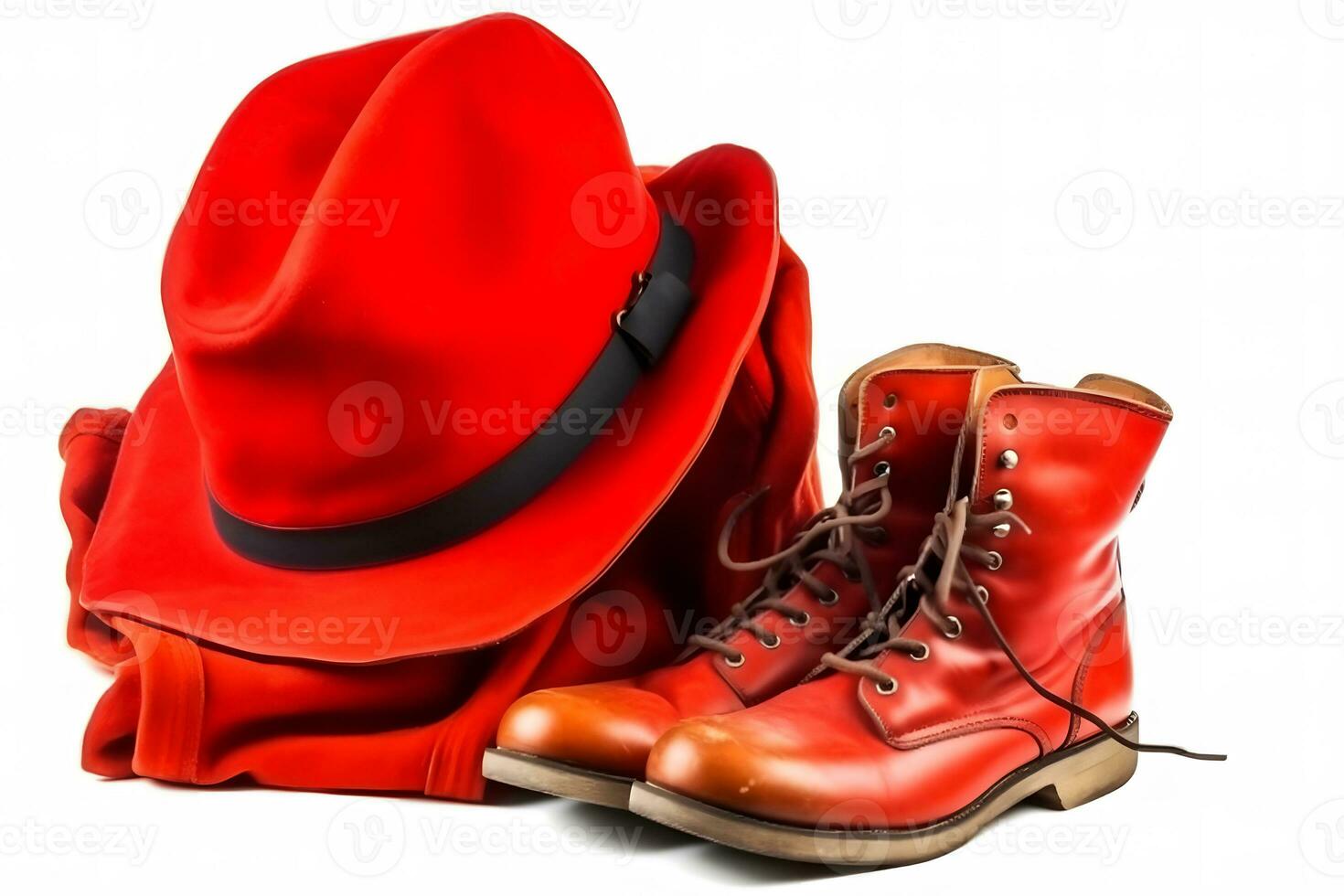 Travel set isolated on white background. Hat, backpack and boots. Neural network AI generated photo