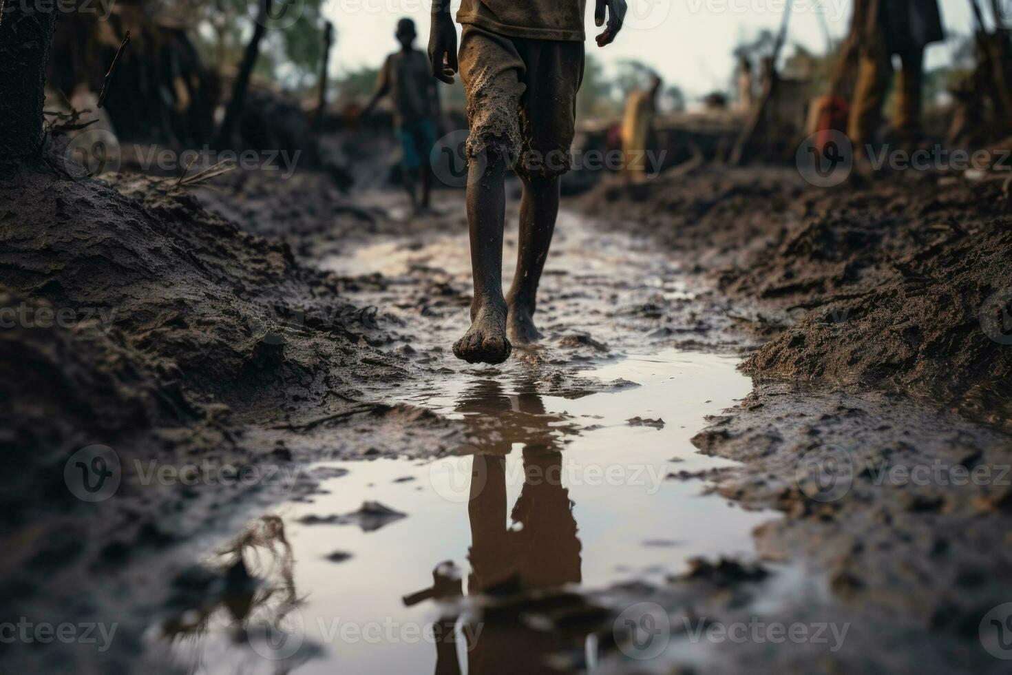 The feet of a dark-skinned child in a puddle of mud. Generated by artificial intelligence photo