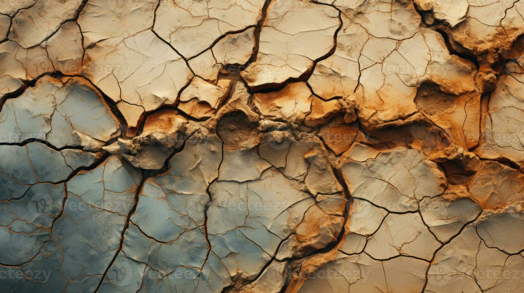 A dry river bed with deep cracks and rough soil in warm tones HD texture background. Highly Detailed AI Generative photo