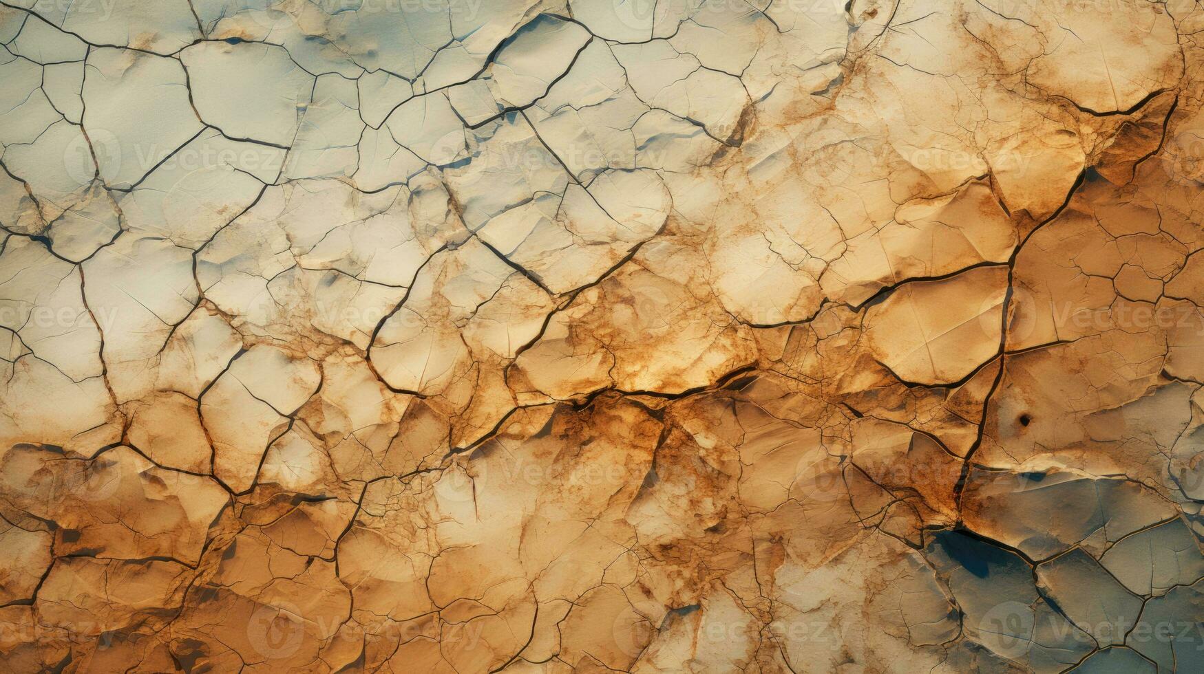 A dry river bed with deep cracks and rough soil in warm tones HD texture background. Highly Detailed AI Generative photo