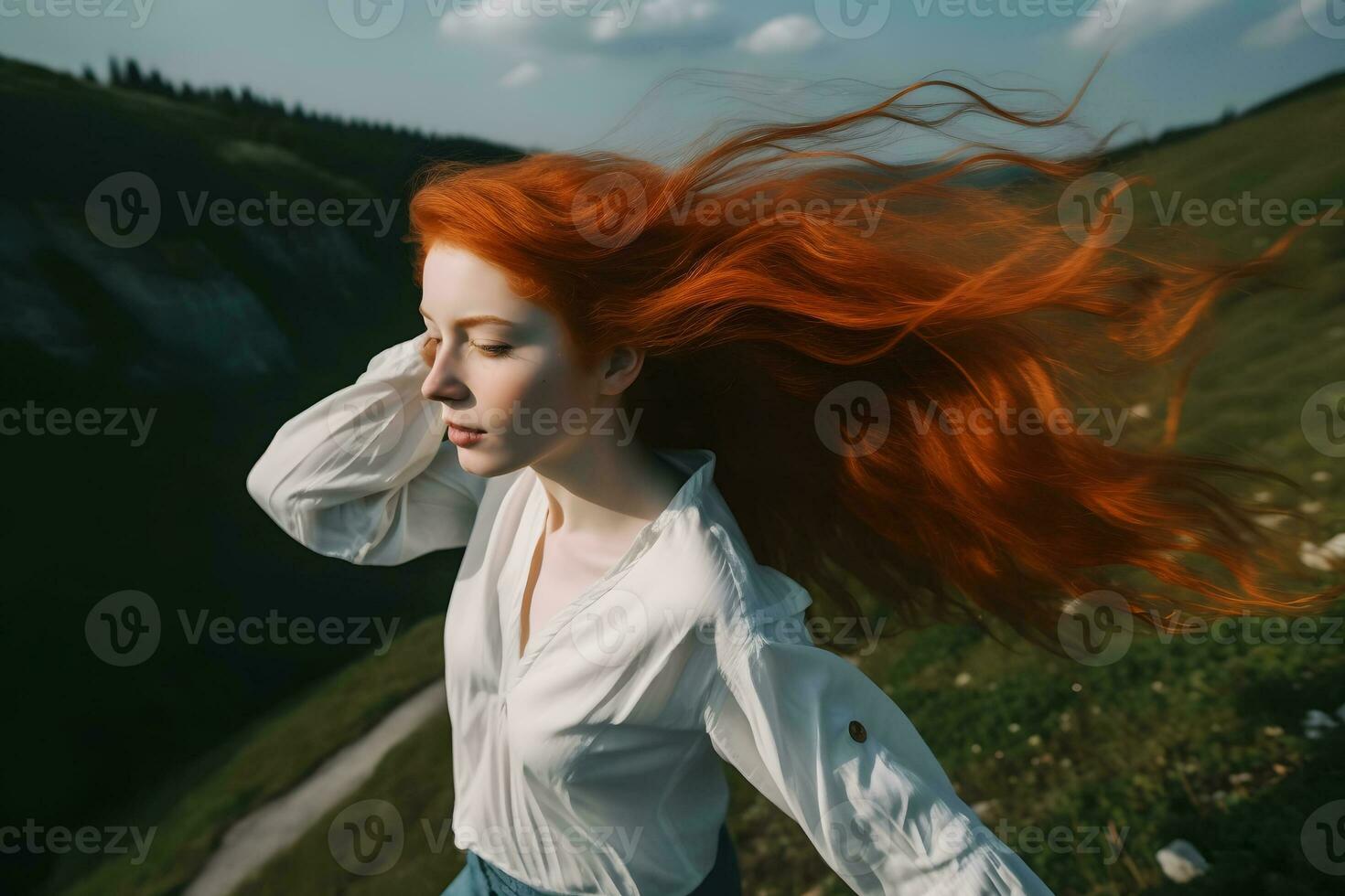 The red-haired girl travels in the mountains. Neural network AI generated photo