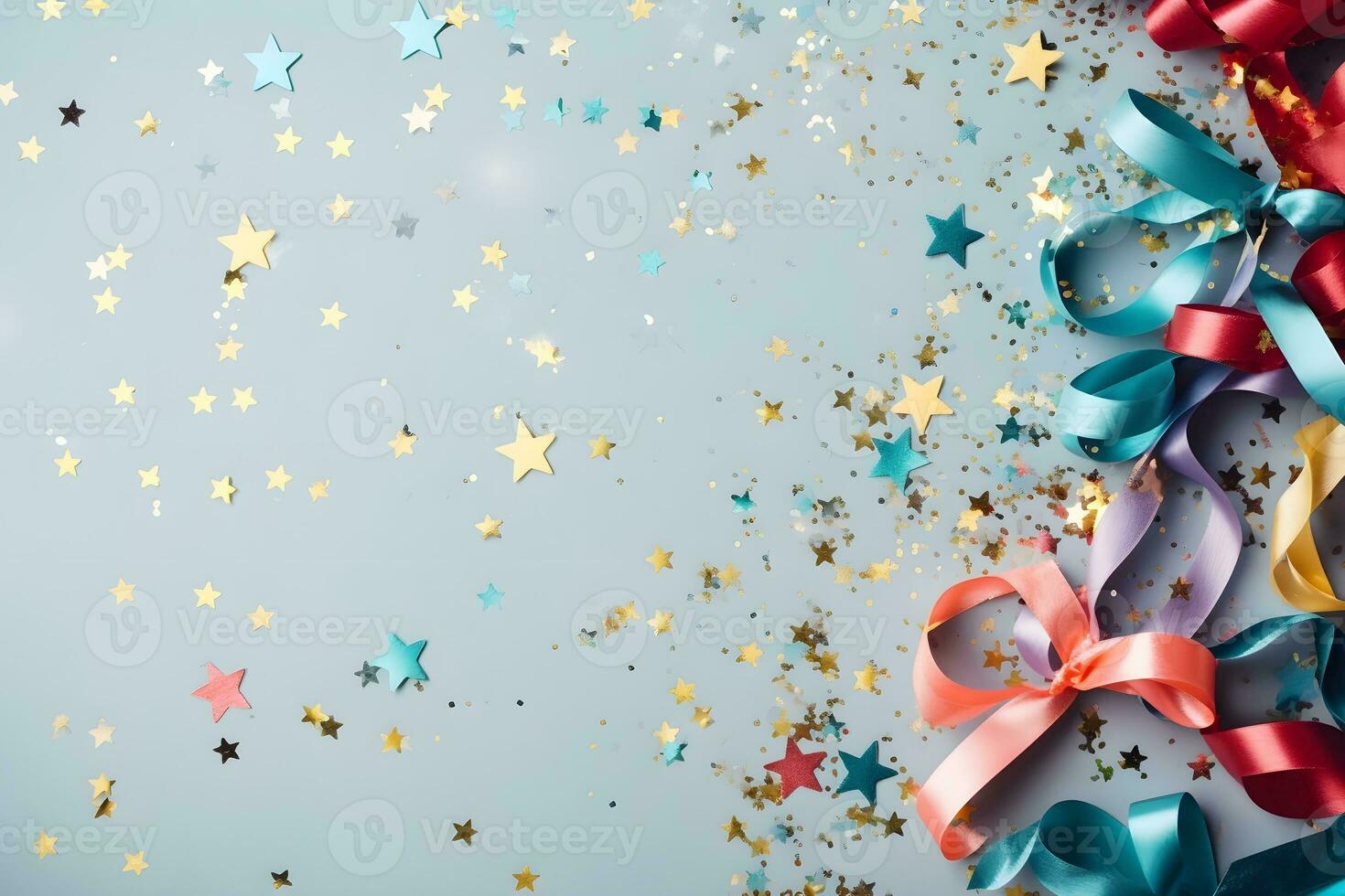 Party stylish decorations on light blue background, ai generative photo