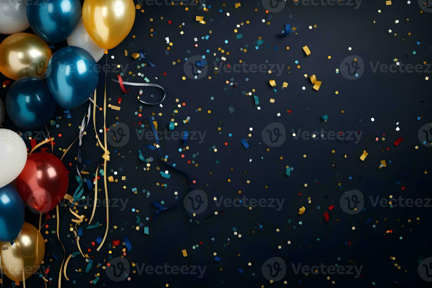 Party stylish decorations on dark blue background, ai generative photo