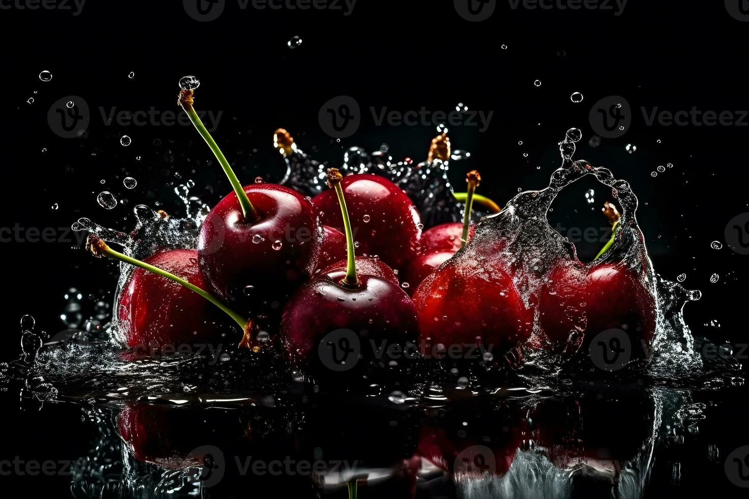 Cherries in a splash of water on a black background. Neural network AI generated photo