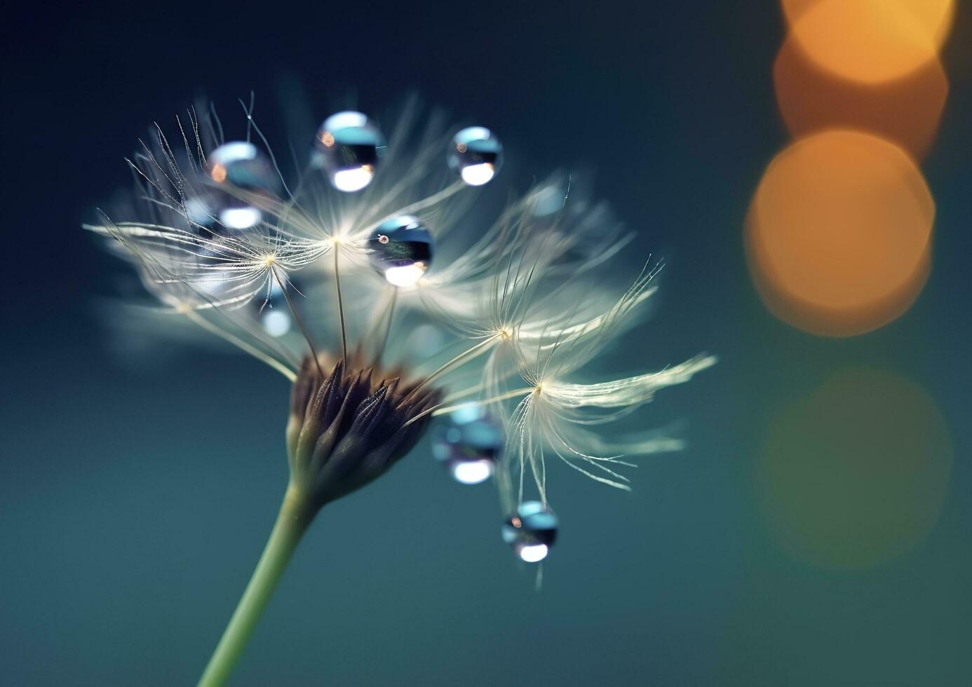 Beautiful dew drops on a dandelion seed macro. Beautiful blue background. Generative AI photo