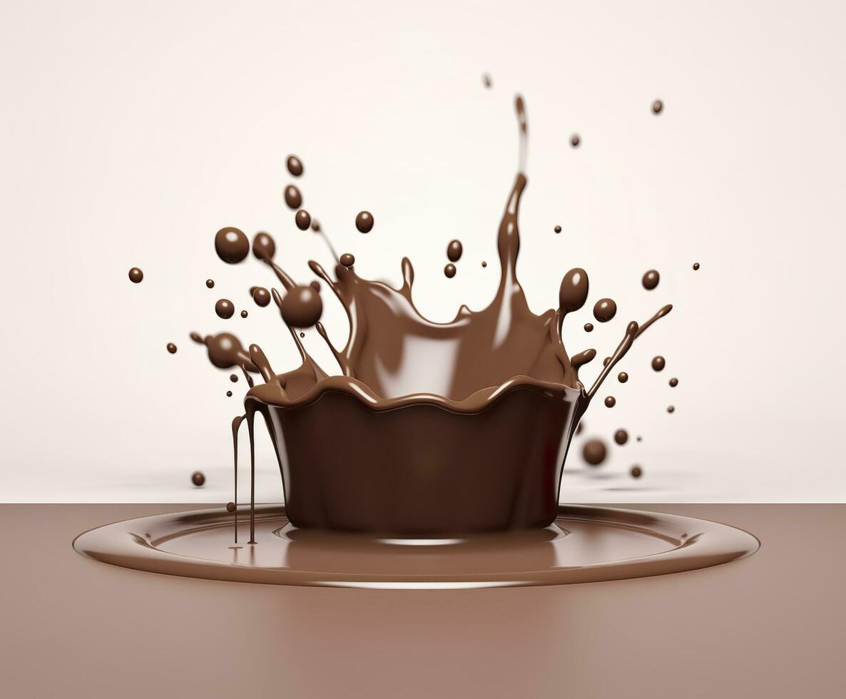 Chocolate splash with a podium, mockup background for milk product display, 3d. Generative AI photo