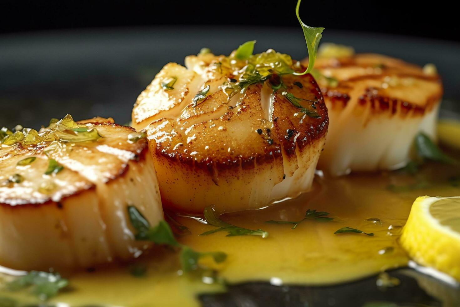 Closeup of pan seared diver scallops with lemon beurre blanc. Generative AI photo
