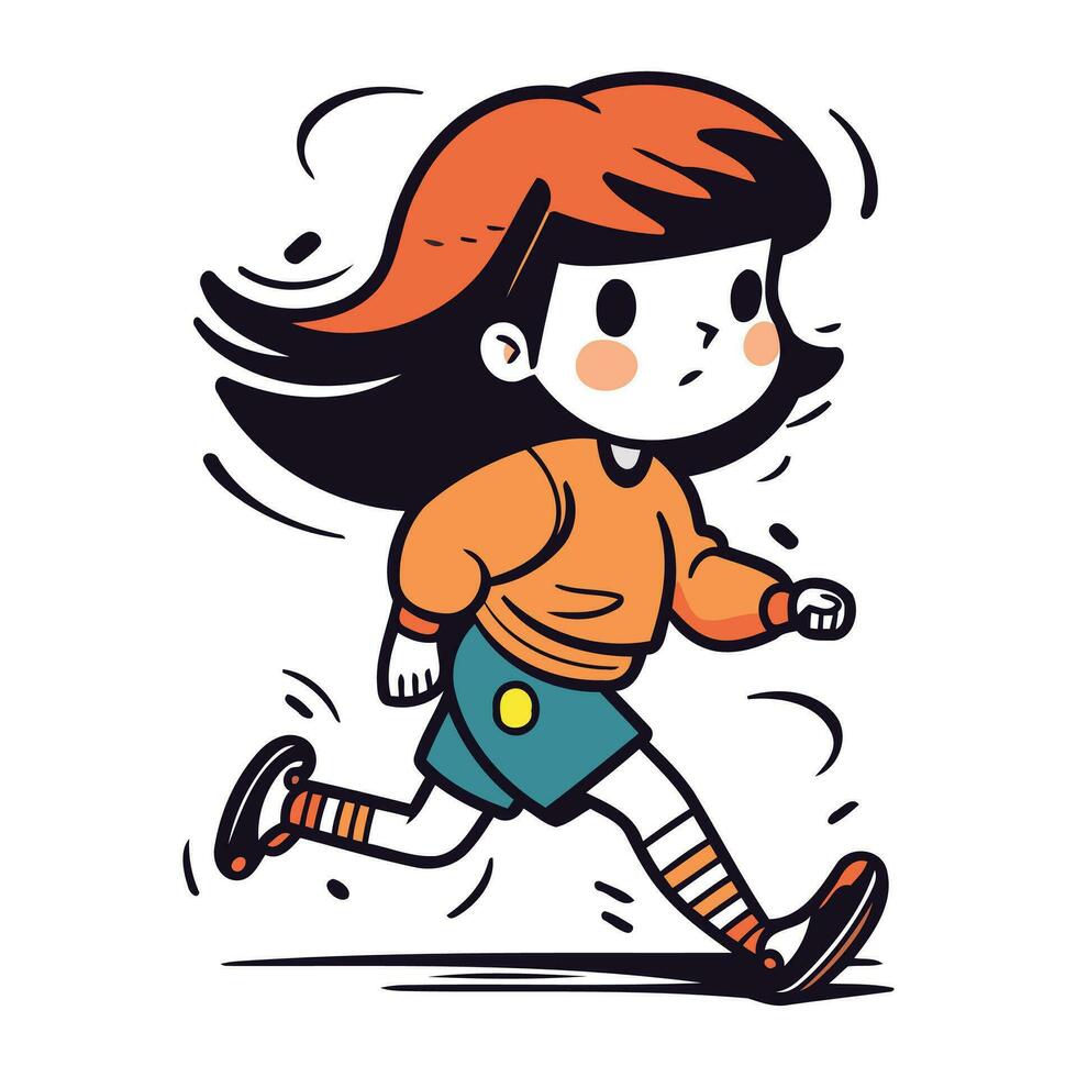 Cute little girl running and jogging. Vector illustration in cartoon style.