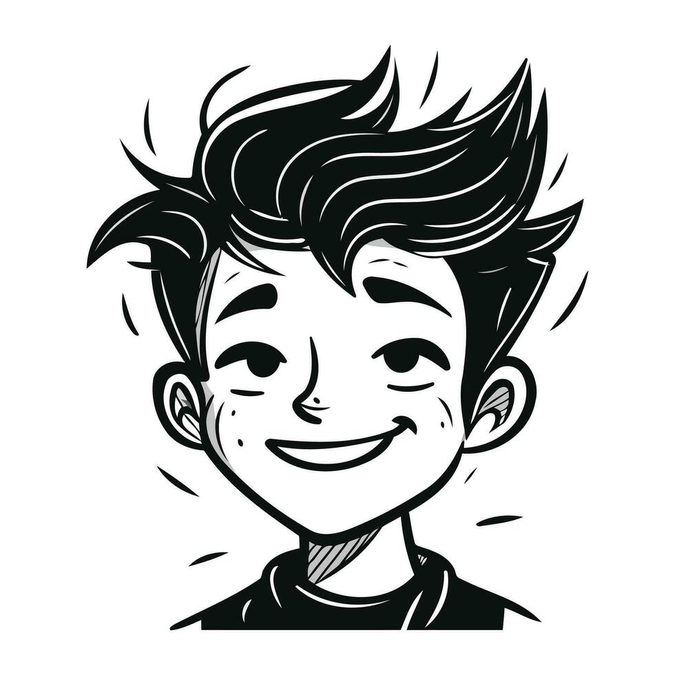 Vector black and white illustration of a smiling boy with a haircut.