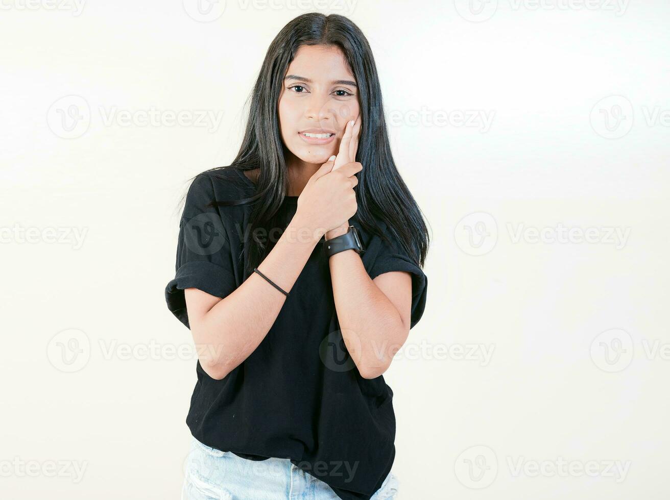 Young girl suffering with toothache isolated. Girl rubbing cheek with toothache on white background photo