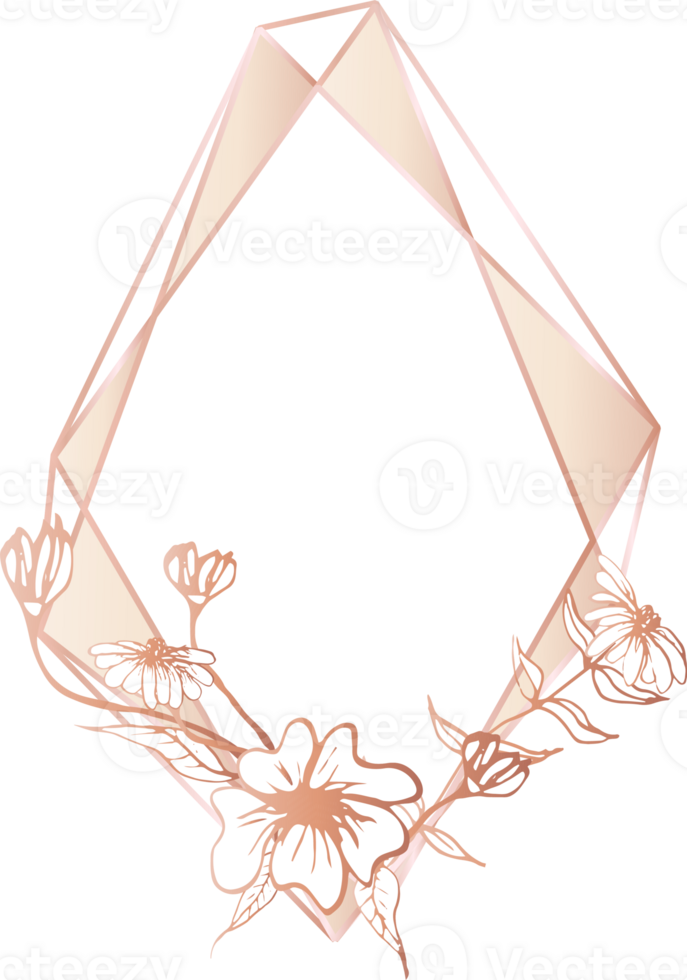 Pink gold geometric frame floral illustration, Transparent background png