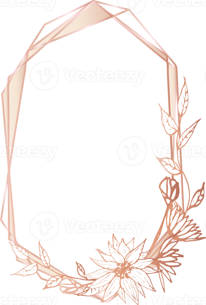 Pink gold geometric frame floral illustration, Transparent background png