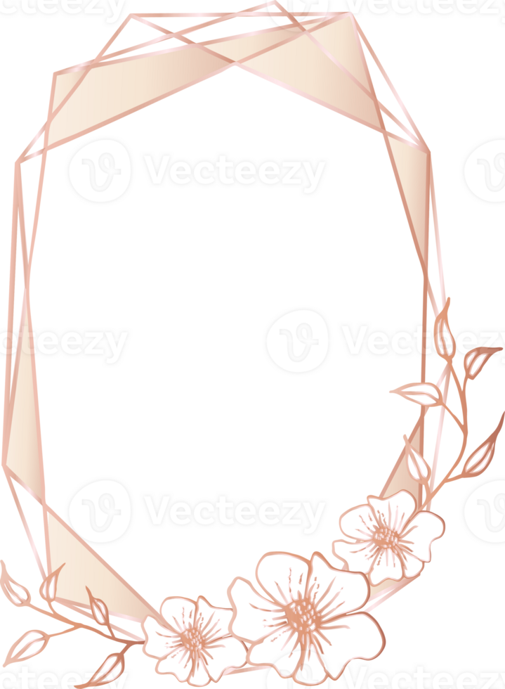 Pink gold geometric frame floral illustration, Transparent background png