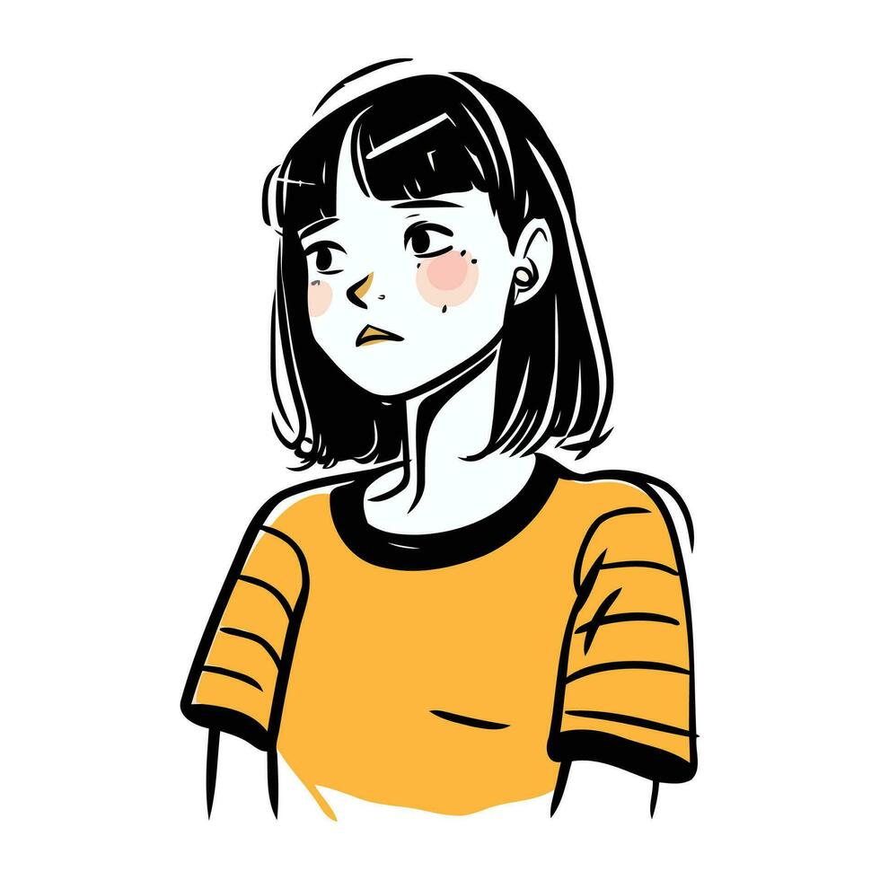 Vector illustration of a girl with long hair in a yellow shirt.