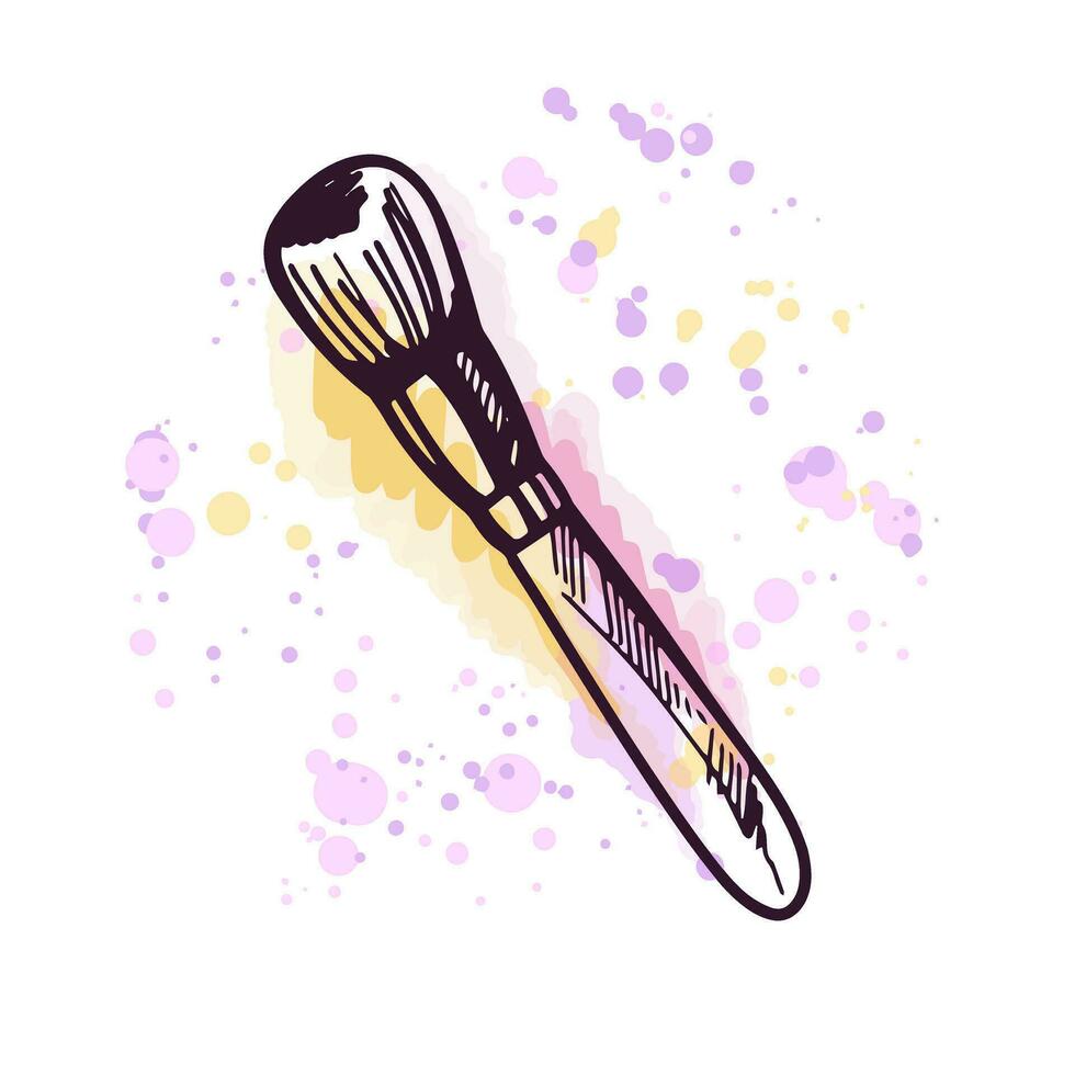 Hand-drawn cosmetic brush, beauty cosmetic element, self care. Illustration on a watercolor pastel background with splashes of paint. Useful for beauty salon, cosmetic store, makeup. Doodle sketch. vector