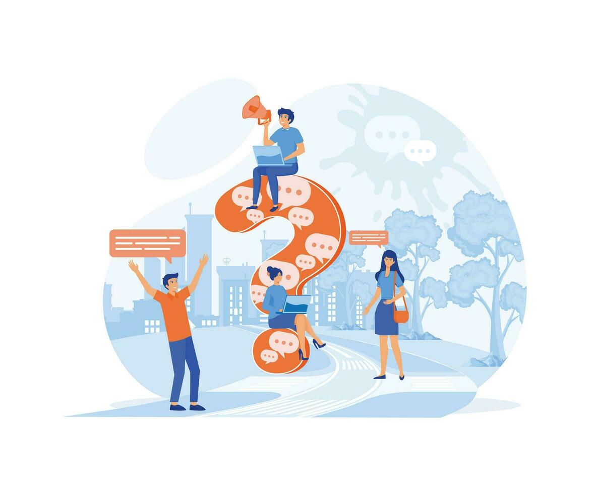 Business people ask questions using laptop, phone, look for answers around large question mark. flat vector modern illustration