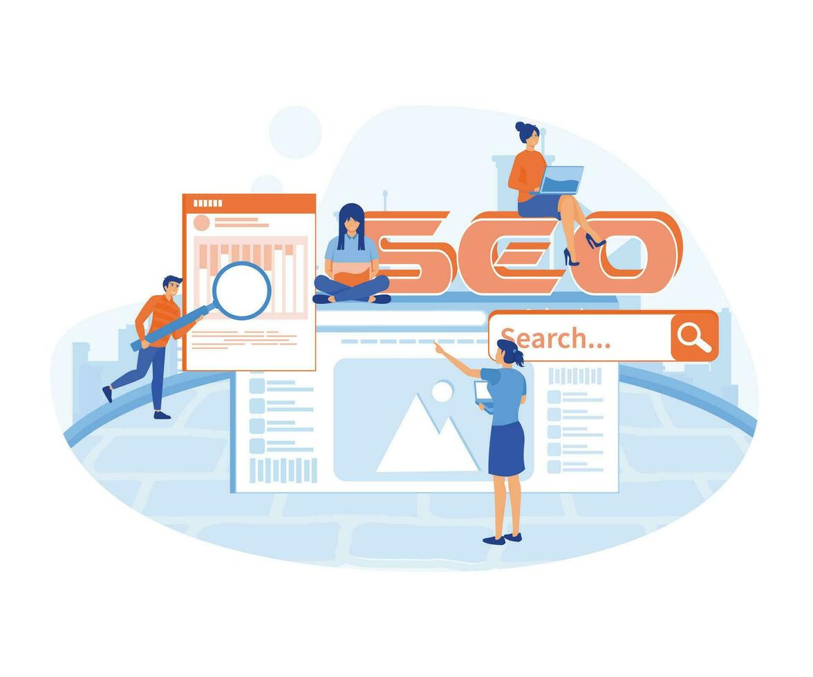 Concept SEO, market research Web site coding, internet search optimization for web page, banner, presentation, social media, documents. flat vector modern illustration