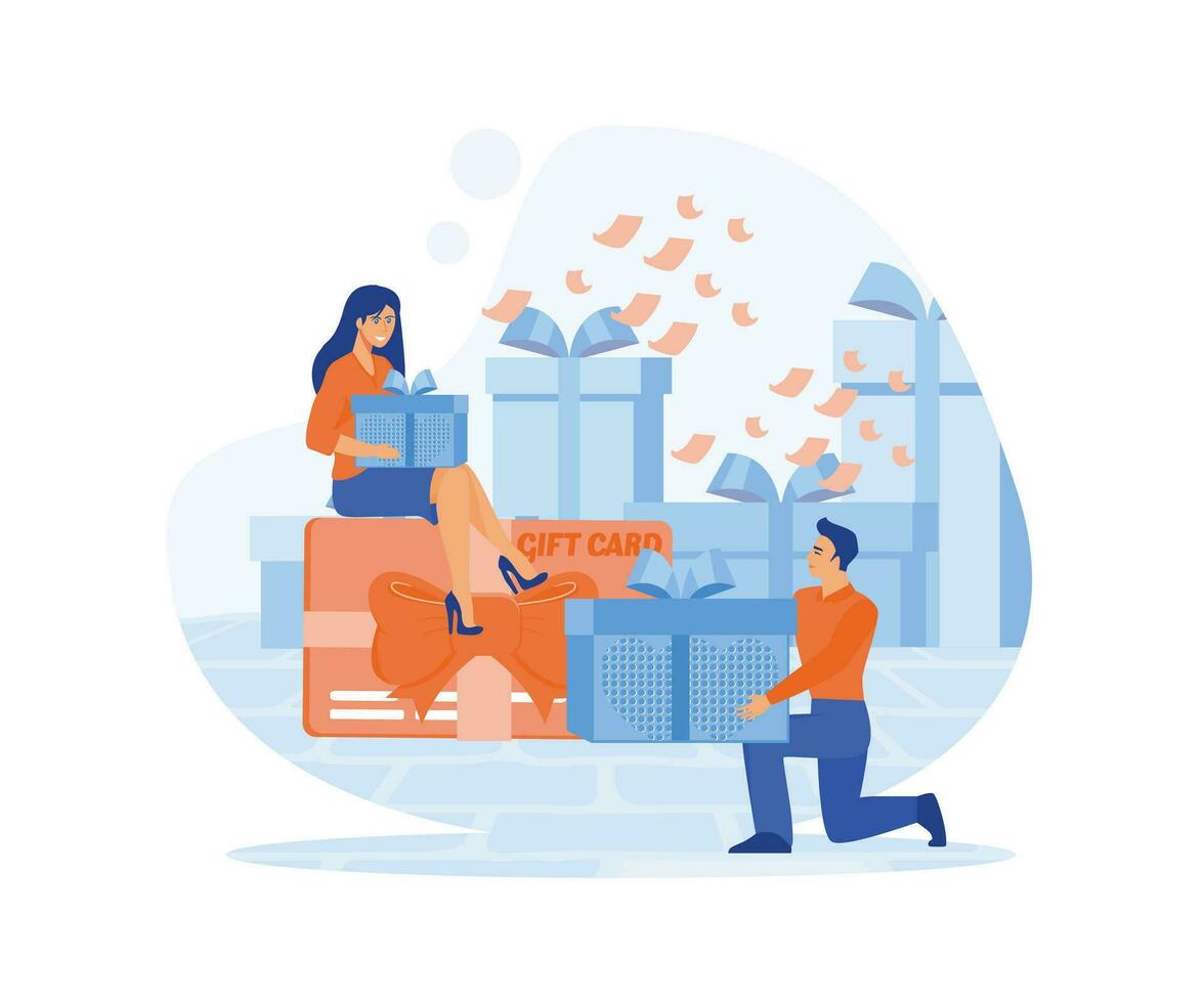 Man and woman standing next to boxes and presents with ribbon and bow. Special offer from stores to congratulate client on his birthday. flat vector modern illustration