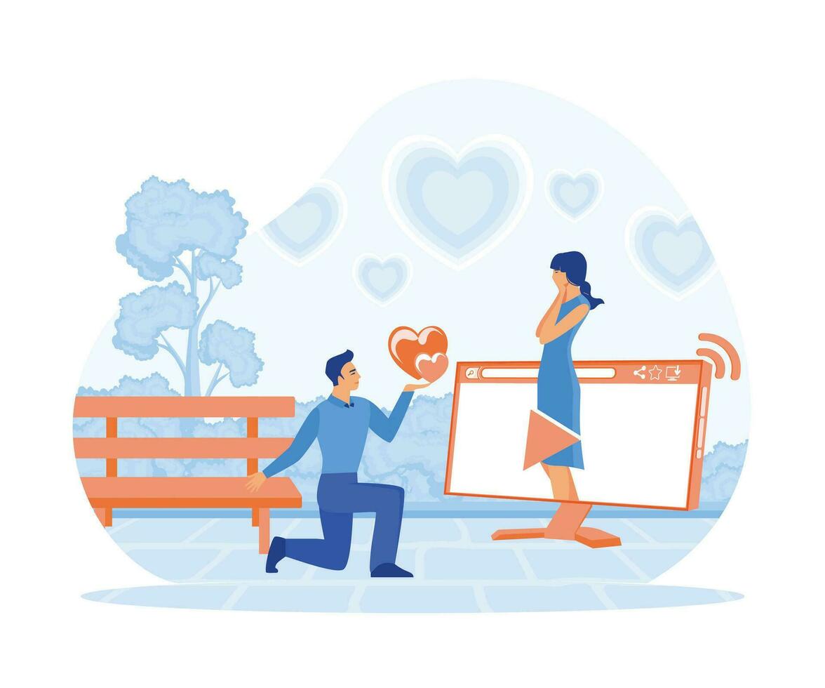 Virtual relationships online dating cartoon composition with computer screens and couple having date with messaging pictogram. flat vector modern illustration