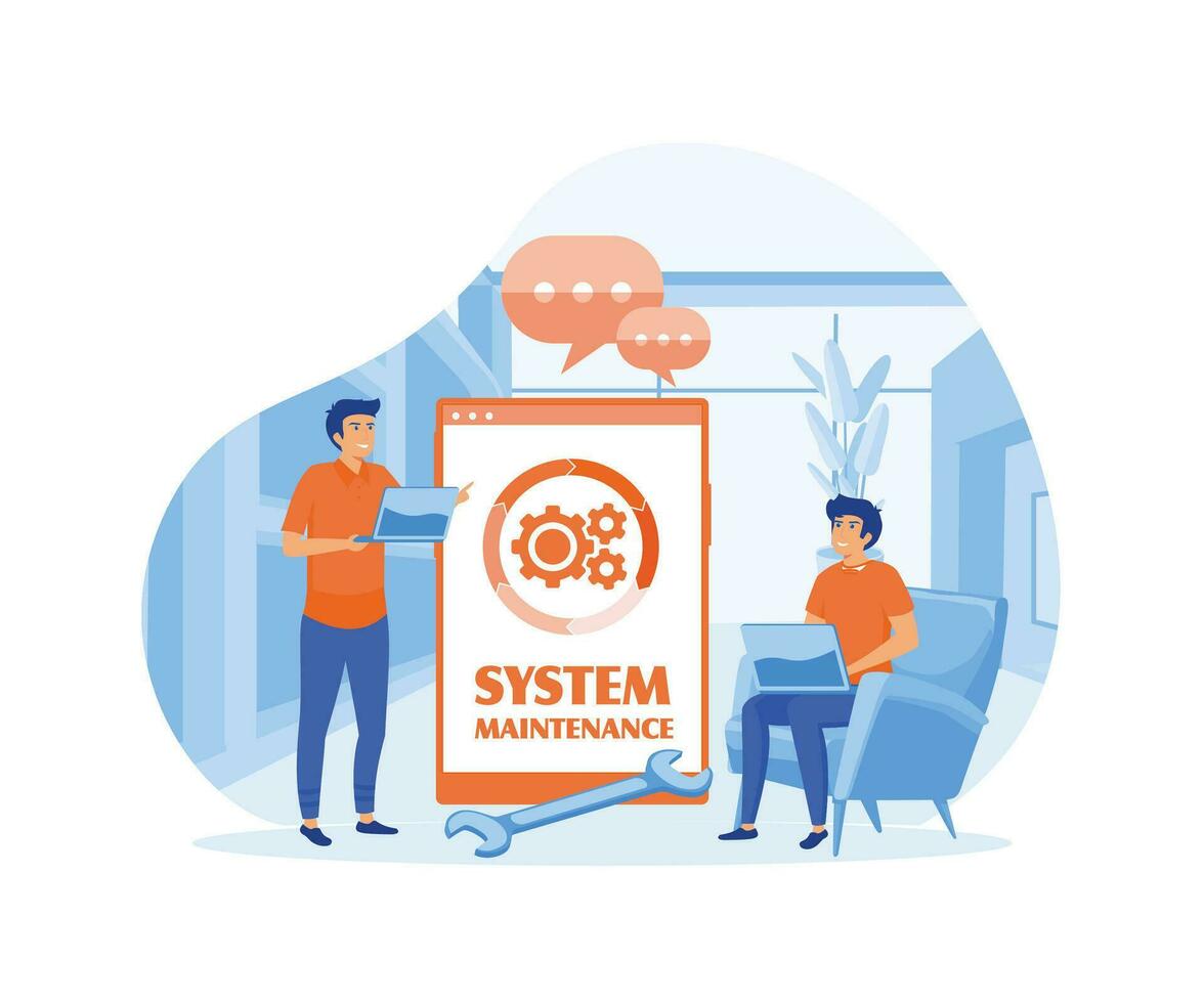 system maintenance, update program and application, technology, engineer, error, fixing a trouble, device updating. flat vector modern illustration