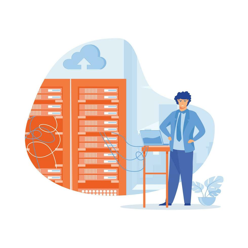 datos centro. técnico trabajos en servidor habitación bastidores nube almacenamiento tecnología, base de datos, plano vector moderno ilustración