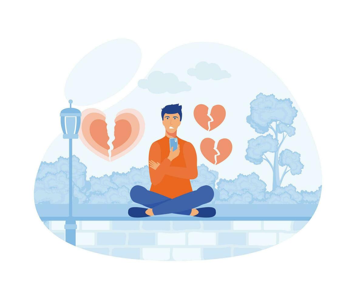 Aggressive man sits cross-legged with a cell phone with broken hearts. Disappointed in love. flat vector modern illustration