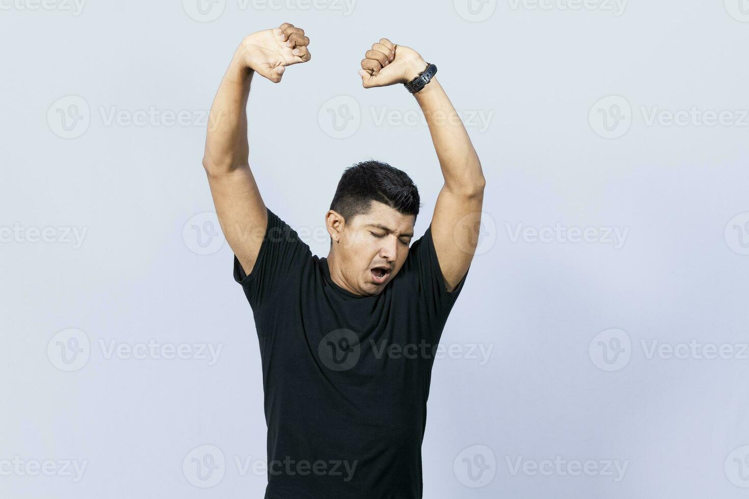 People yawning and stretching his hands, sleepy man stretching his hands isolated, concept of a sleepy exhausted man photo