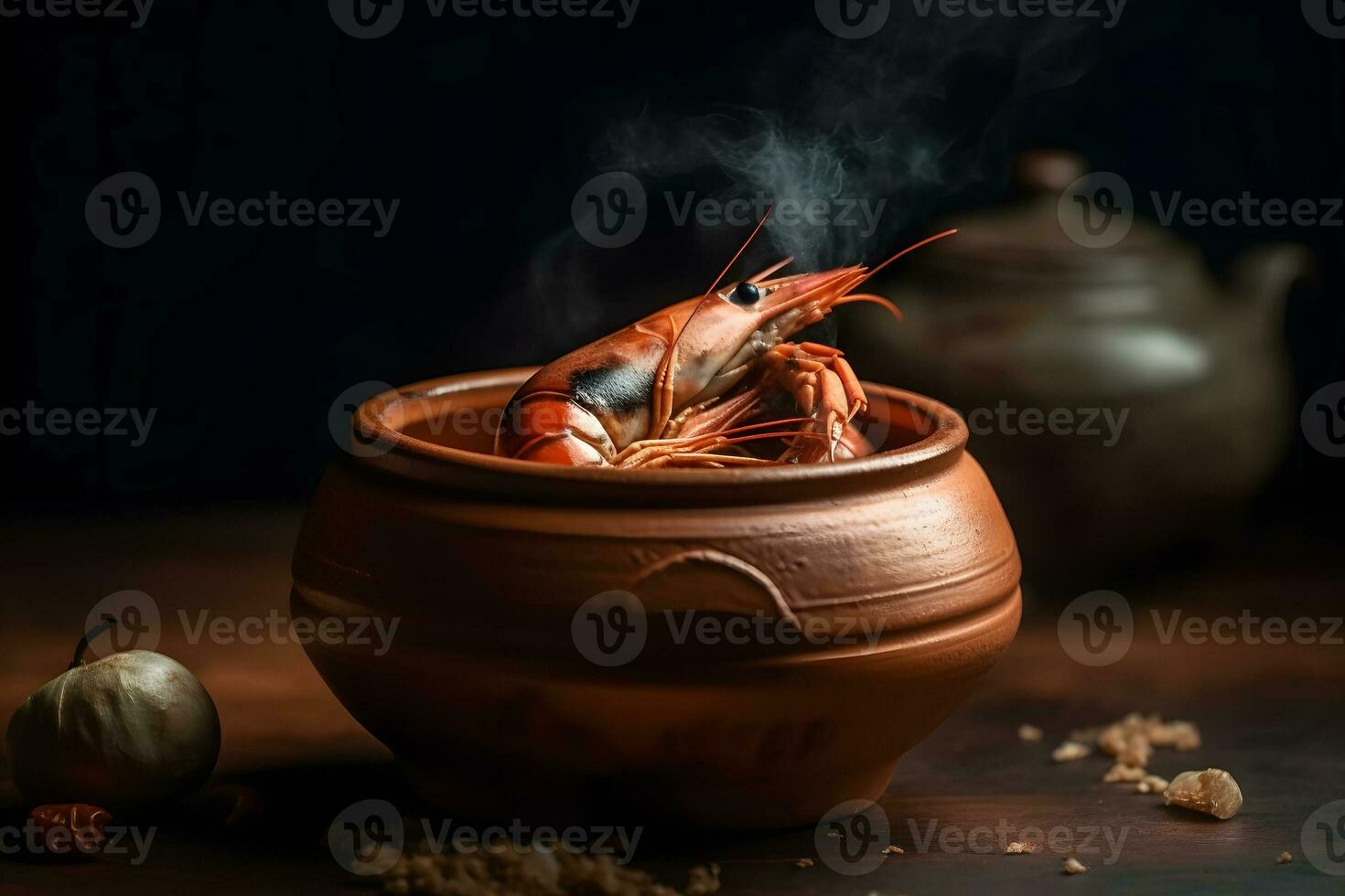 Delicious boiled crayfishes on black table, closeup. Neural network AI generated photo