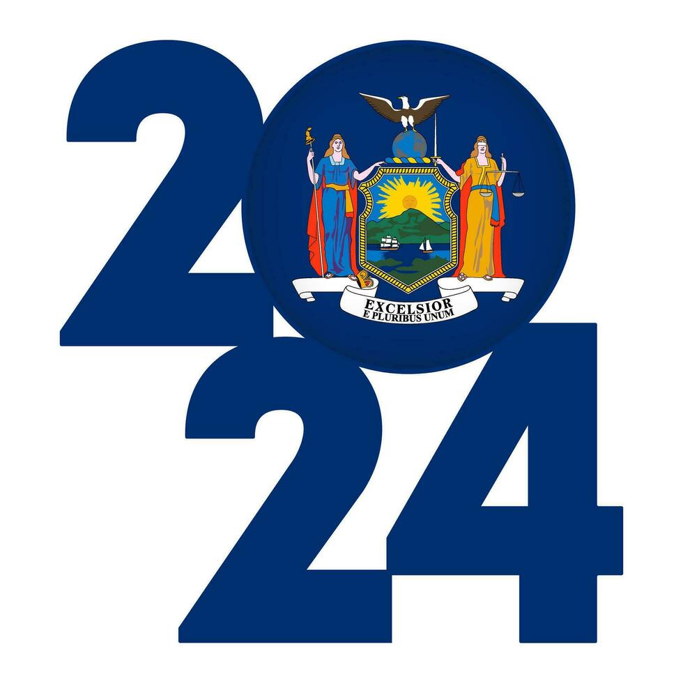 2024 banner with New York state flag inside. Vector illustration.