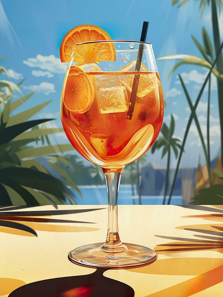 Aperol spritz summer drink in glass with shadows, tropical background. Generative AI photo